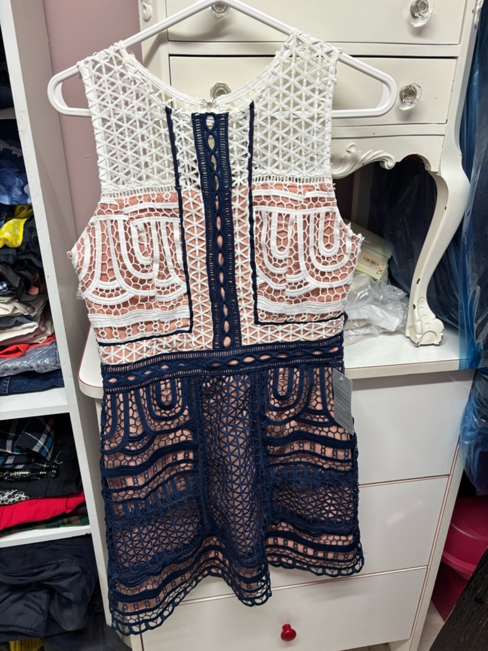 Adelyn Rae White, Blush & Navy Lace-Trim Mini Dress